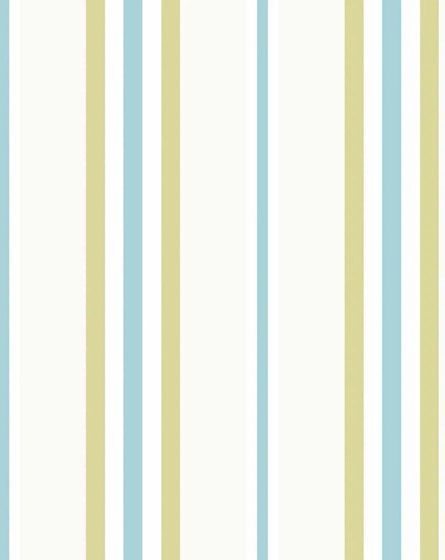 Peel and stick wallpaper featuring a repeating pattern of vertical stripes in alternating widths and colours: wide stripes of soft white, medium stripes of pale sage green, and narrow stripes of light sky blue.