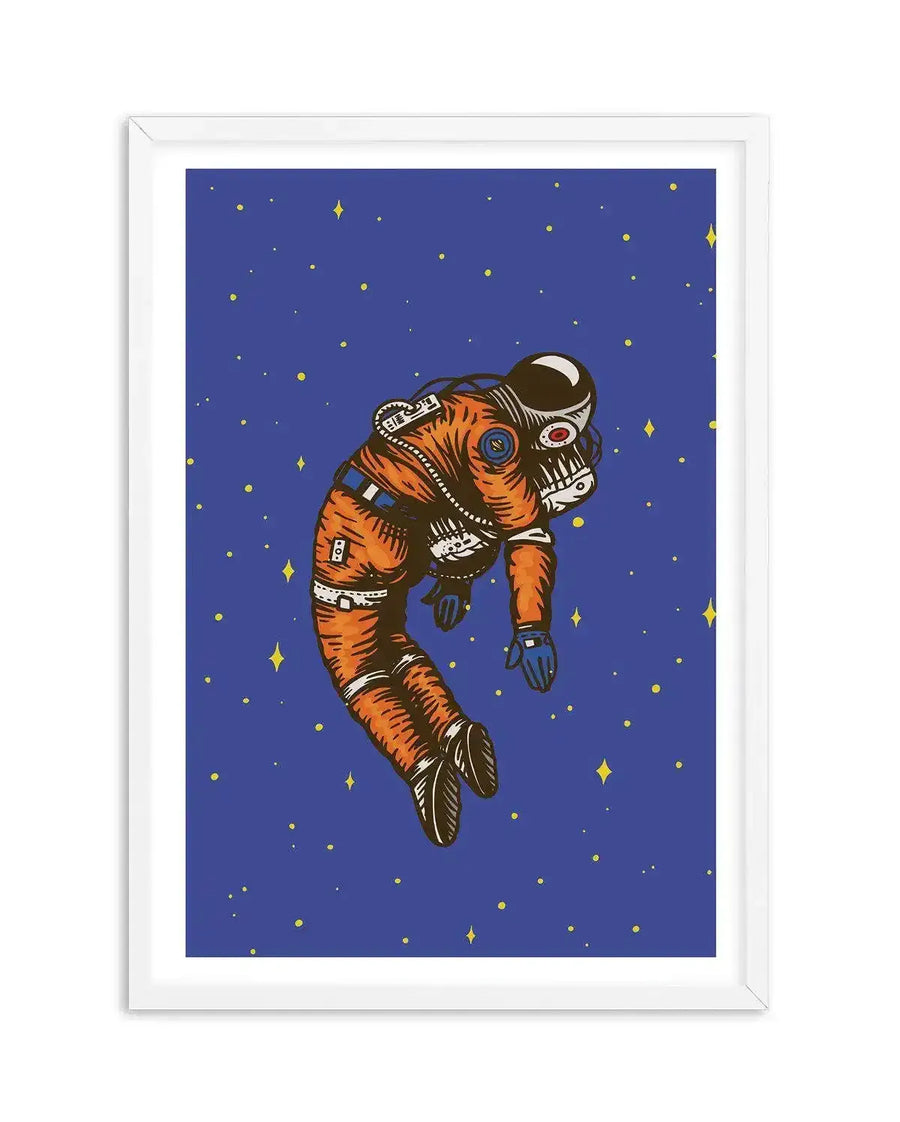 Art print featuring an illustration of an astronaut floating in deep space against a dark blue background with scattered yellow stars. The astronaut wears an orange and brown spacesuit with visible details and blue gloves, with a red eye visible through the helmet visor. The illustration has a comic book or graphic novel style with bold outlines and flat colours, displayed in a white frame with a white border.
