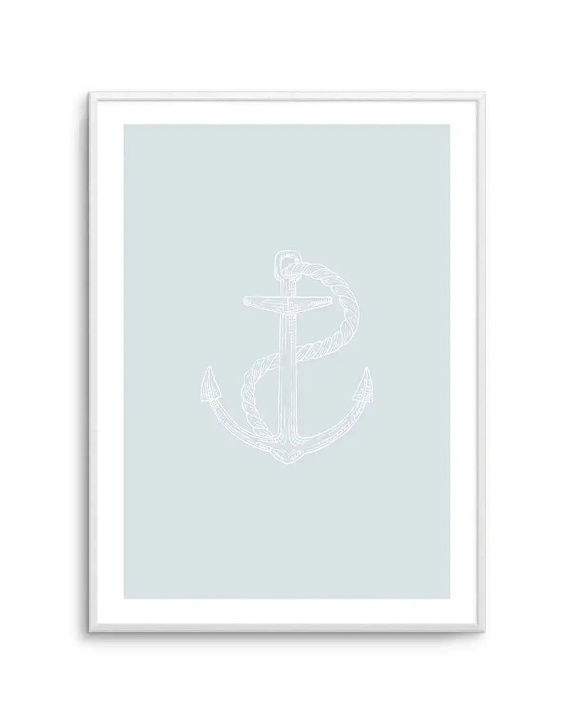 Art print featuring a hand-drawn illustration of an anchor with a rope wrapped around its shaft, rendered in white lines on a soft, pale blue background, displayed in a white frame with a white border.