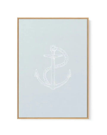 Framed canvas art print featuring a white line-drawn anchor with coiled rope wrapped around it, centered on a soft sage green background. Natural wood frame with subtle shadow effect against white wall.