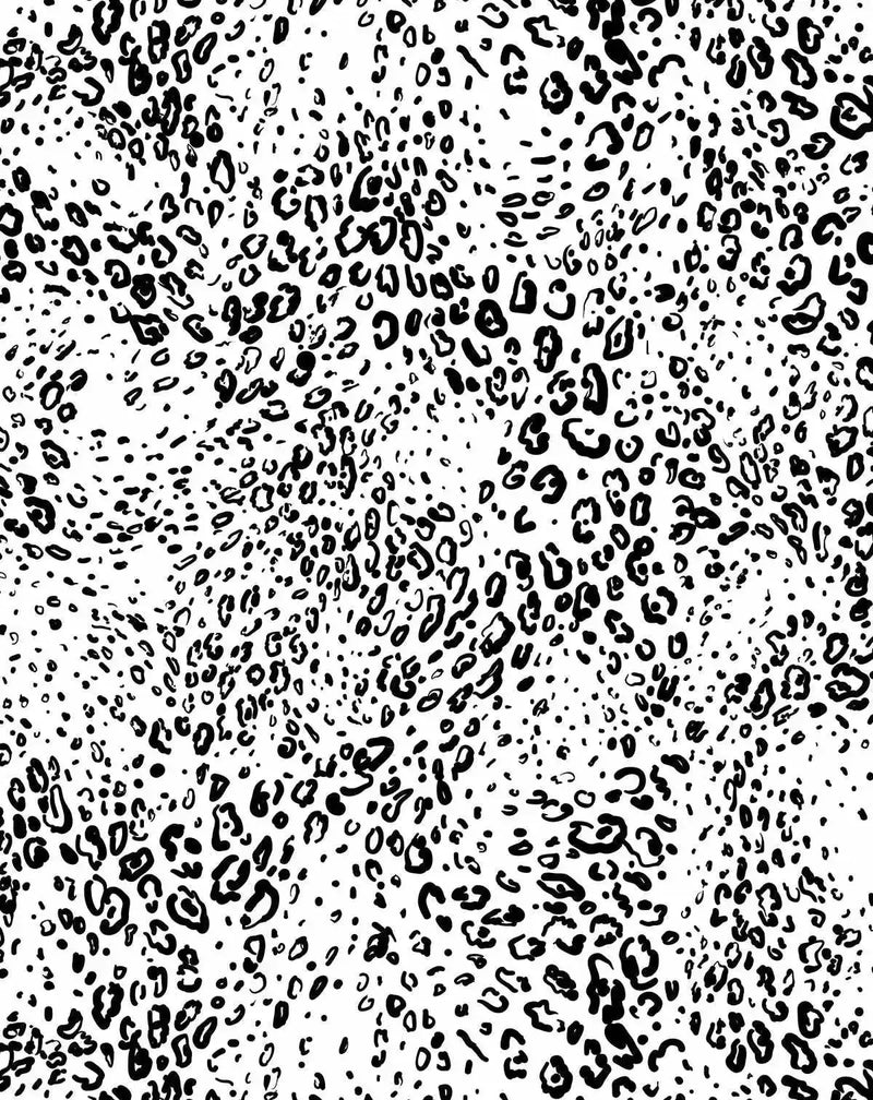 Peel and stick wallpaper featuring a repeating pattern of abstract leopard spots in solid black on a bright white background. The spots vary in size and shape, with some appearing as solid ovals and others as irregular, open rings, creating a dynamic and organic animal print design.