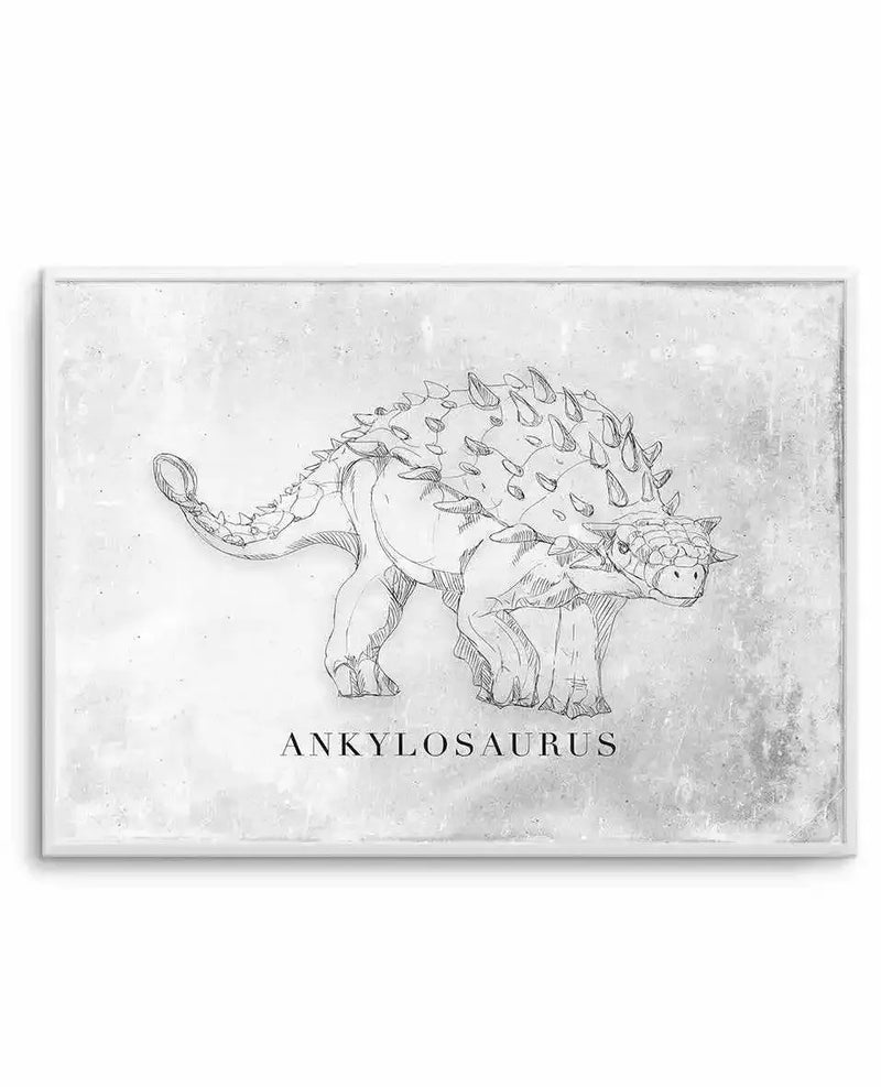Art print featuring a detailed pencil sketch of an Ankylosaurus in profile, with a heavily armored body, spiky back, and club-like tail, on a textured grey and white background with a distressed, vintage look, displayed in a white frame.