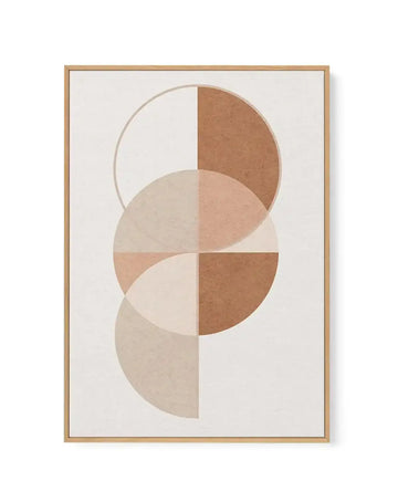 Framed canvas art print featuring abstract geometric design with overlapping circles in warm earth tones of sand, beige, tan, and terracotta on cream background. Natural wood frame with clean lines displays the composition in vertical orientation. Soft, muted color palette creates a minimalist aesthetic with subtle layering and transitional shading between circular forms.