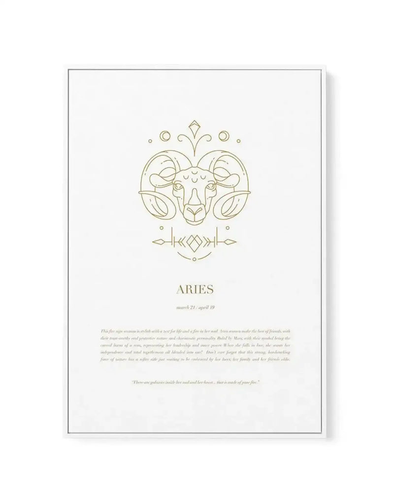 Framed canvas art print featuring a minimalist line art illustration of an Aries ram's head in metallic gold on a white background, with the text "ARIES" and "march 21 - april 19" below, and a detailed description of the Aries zodiac sign in a fine serif font.