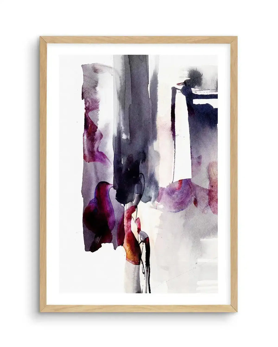 Abstract art print featuring vertical brushstrokes and washes of deep indigo, dark grey, and vibrant purple, with hints of warm red and orange, creating a dynamic and expressive composition. Printed on fine art paper and displayed in a natural oak frame with white border.