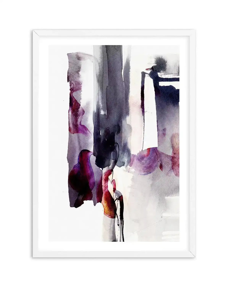 Abstract art print featuring bold, expressive brushstrokes in deep indigo, charcoal grey, and vibrant magenta, with hints of burnt orange and soft lavender, creating a dynamic composition with a fluid, watercolour quality. Printed on fine art paper and displayed in a white frame with white border.