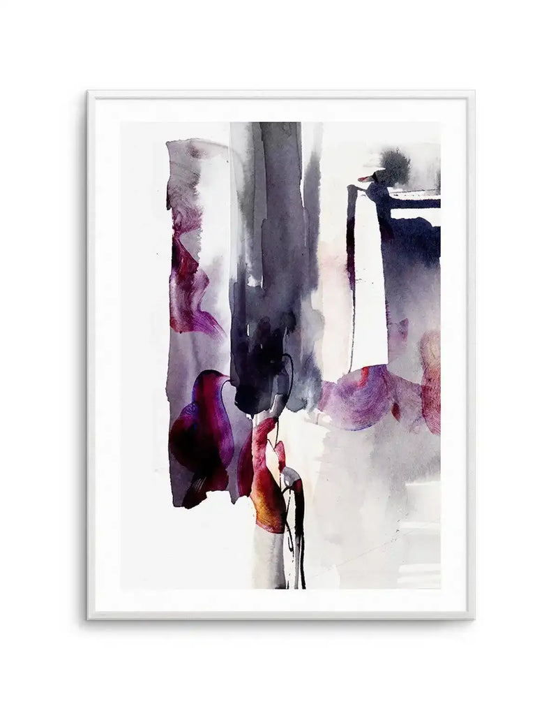 Abstract art print featuring vertical washes of charcoal grey and deep indigo, interspersed with fluid strokes and organic shapes in vibrant magenta, plum, and hints of warm ochre. The watercolour composition has visible brushstroke texture and drips, creating a dynamic, expressive mood, displayed in a white frame with a white border.