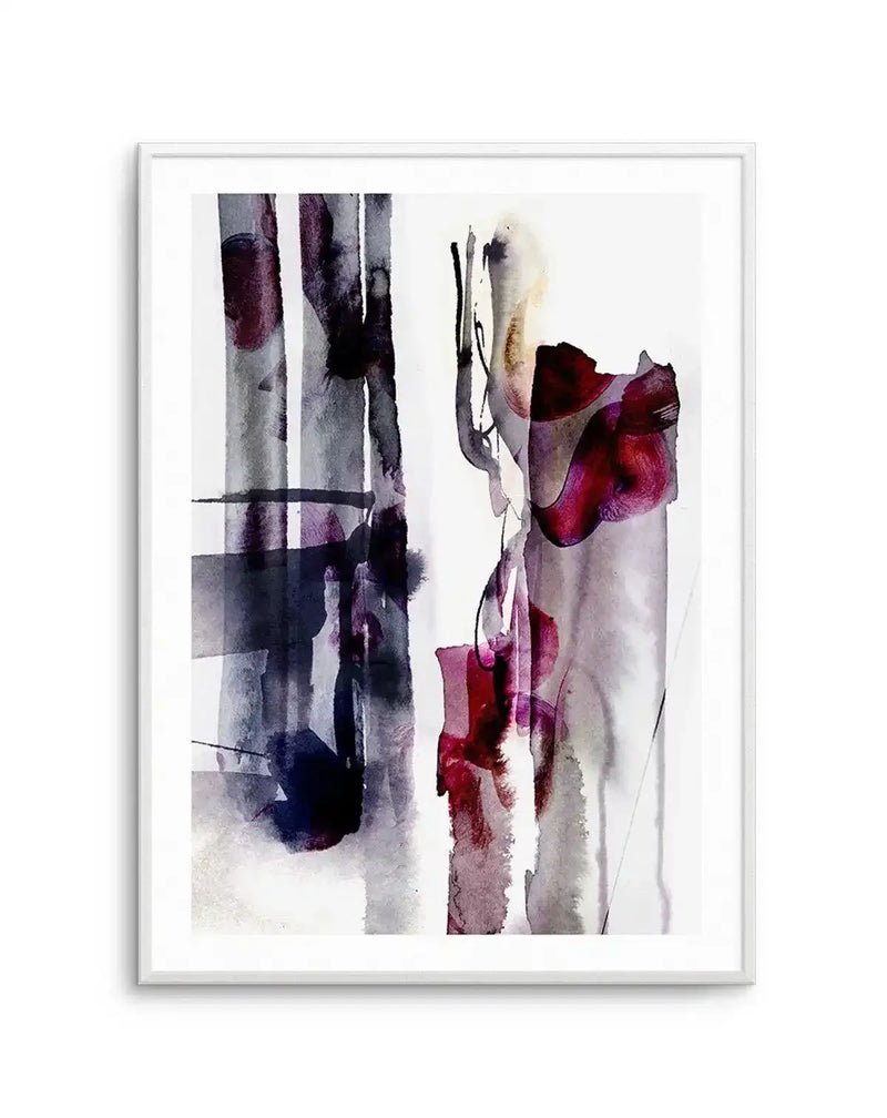 Abstract art print featuring vertical brushstrokes and washes in shades of grey, deep indigo, and plum, with vibrant magenta and crimson accents, creating a dynamic, fluid composition on a white background. Printed on fine art paper and displayed in a white frame with white border.