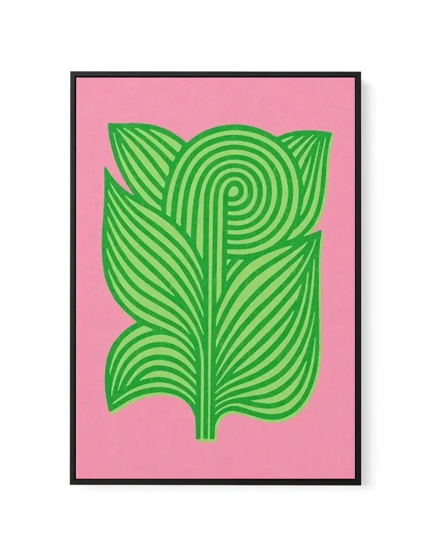 Framed canvas print featuring a stylized illustration of a plant with large leaves and a central spiral element in bright lime green against a vibrant bubblegum pink background, displayed in a black frame.