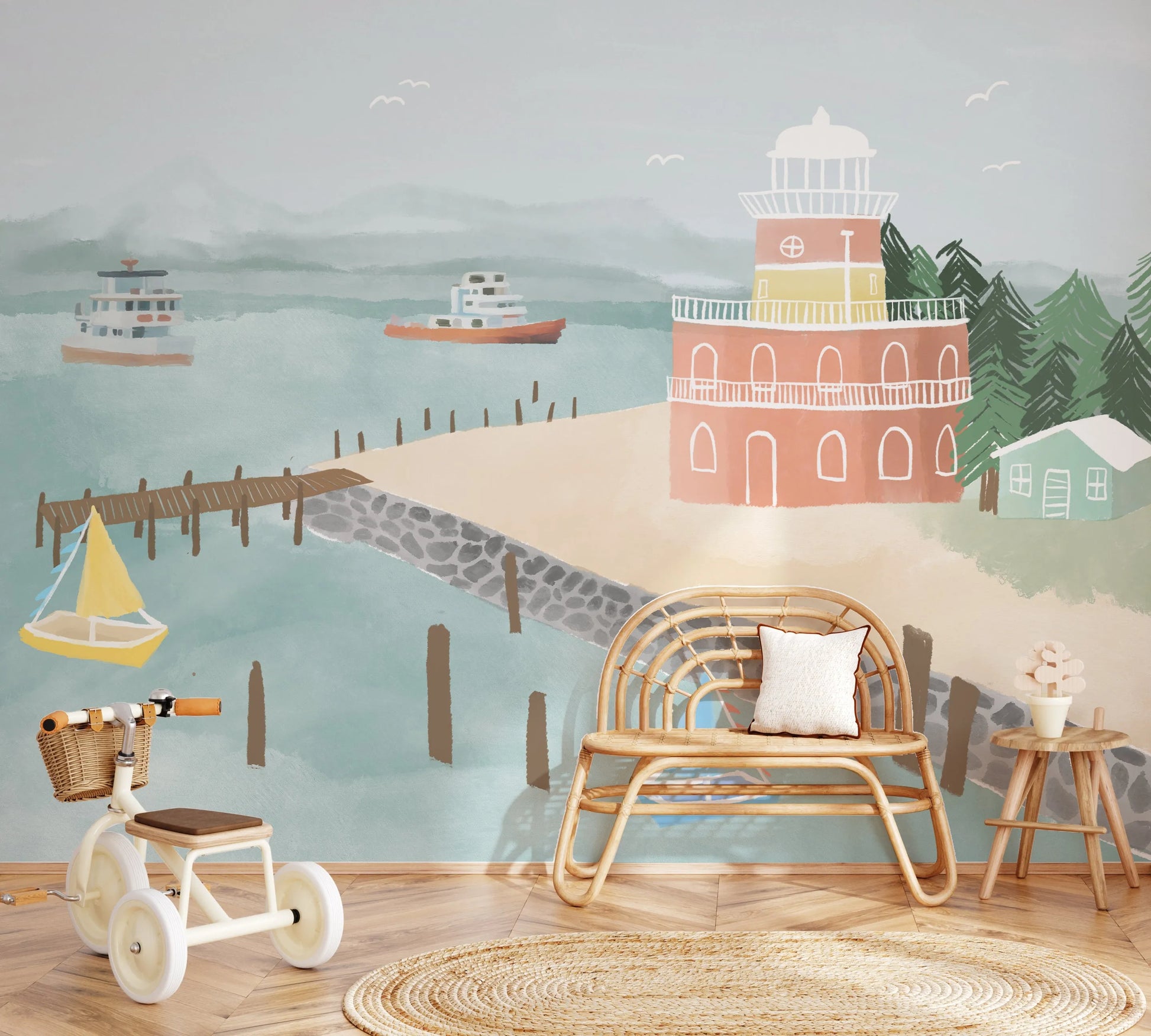 At the Boardwalk Wallpaper Mural from Olive et Oriel where you can shop wallpaper and artworks online
