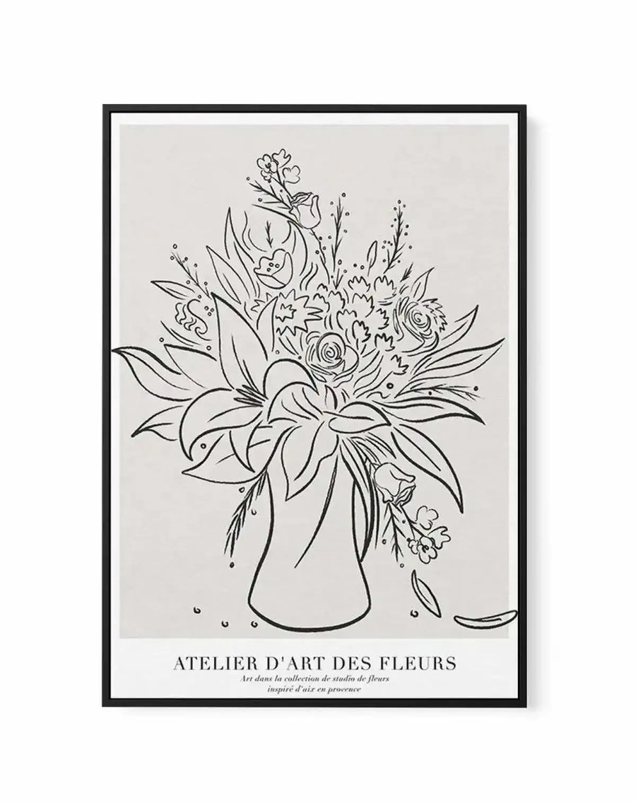 Framed canvas print featuring a minimalist line art illustration of a bouquet of flowers in a vase, rendered in black on a light grey background. The composition includes various flowers and leaves with a loose, organic style, and text at the bottom reads "ATELIER D'ART DES FLEURS Art dans la collection de studio de fleurs inspiré d'air en provence". The print is displayed in a thin black frame.