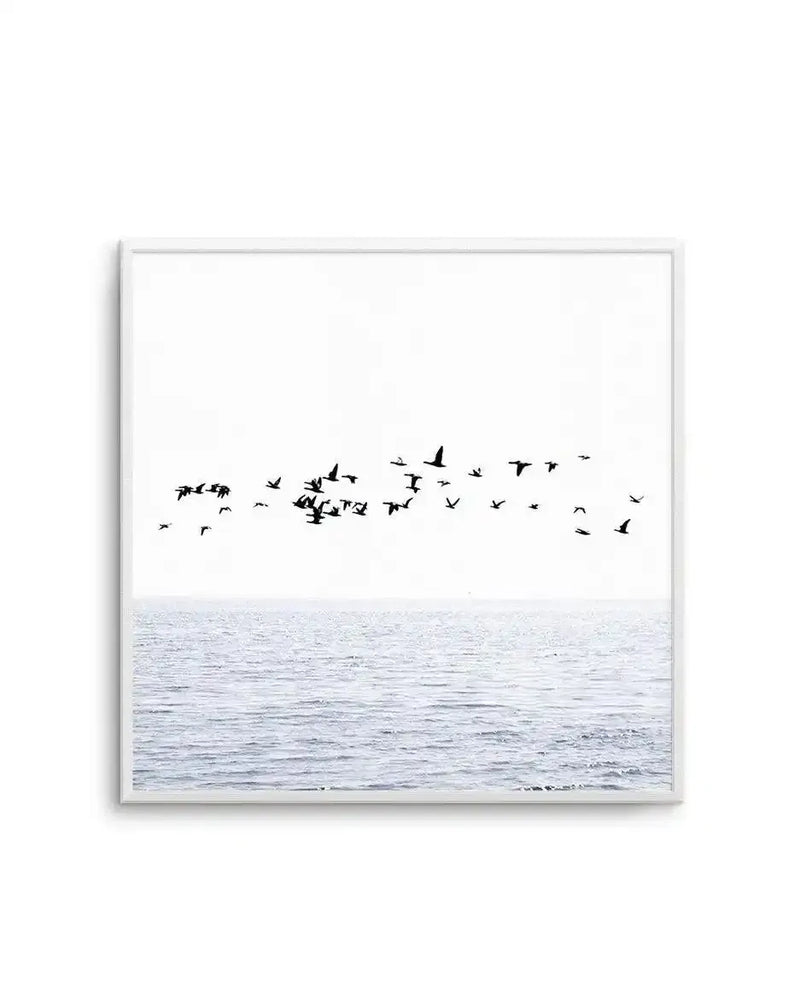 Framed black and white photograph of a flock of birds flying low over a calm, light grey ocean under a bright white sky, with a white frame and white border.