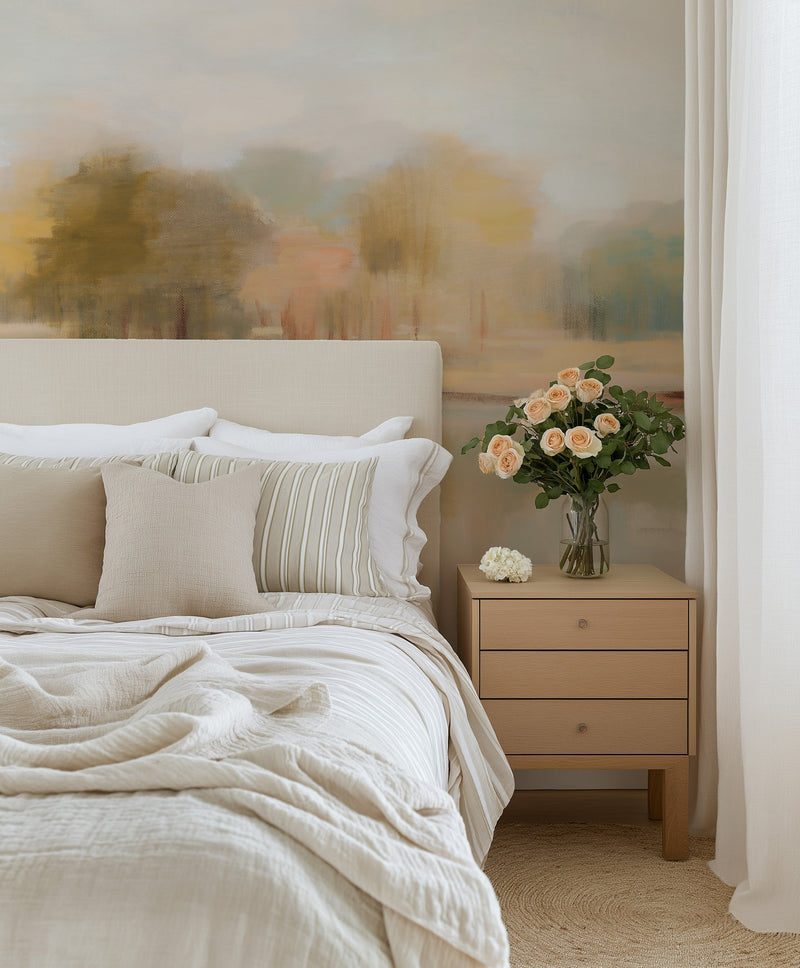 Autumn View Painted Mural Wallpaper from Olive et Oriel where you can shop wallpaper and artworks online