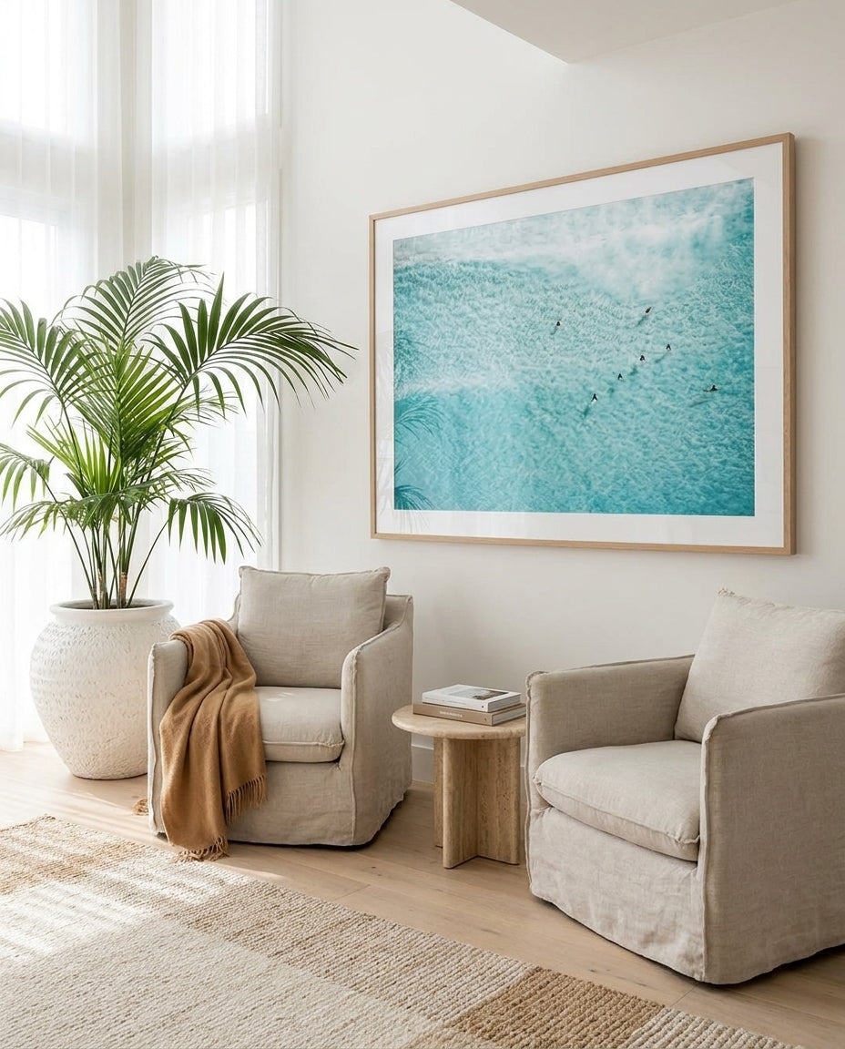 Azure Waters, Bondi framed photographic art print by Art of Flight Co styled extra large in a coastal Australian living space at Olive et Oriel
