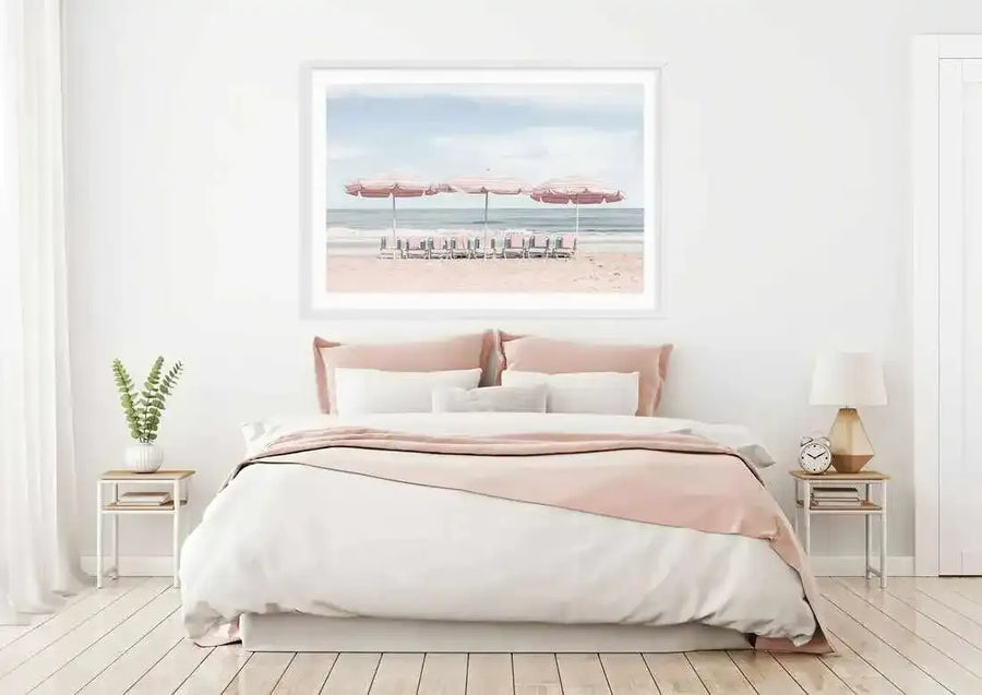 Beach Days | Pink Umbrellas Art Print-PRINT-Olive et Oriel-Olive et Oriel-Buy-Australian-Art-Prints-Online-with-Olive-et-Oriel-Your-Artwork-Specialists-Austrailia-Decorate-With-Coastal-Photo-Wall-Art-Prints-From-Our-Beach-House-Artwork-Collection-Fine-Poster-and-Framed-Artwork