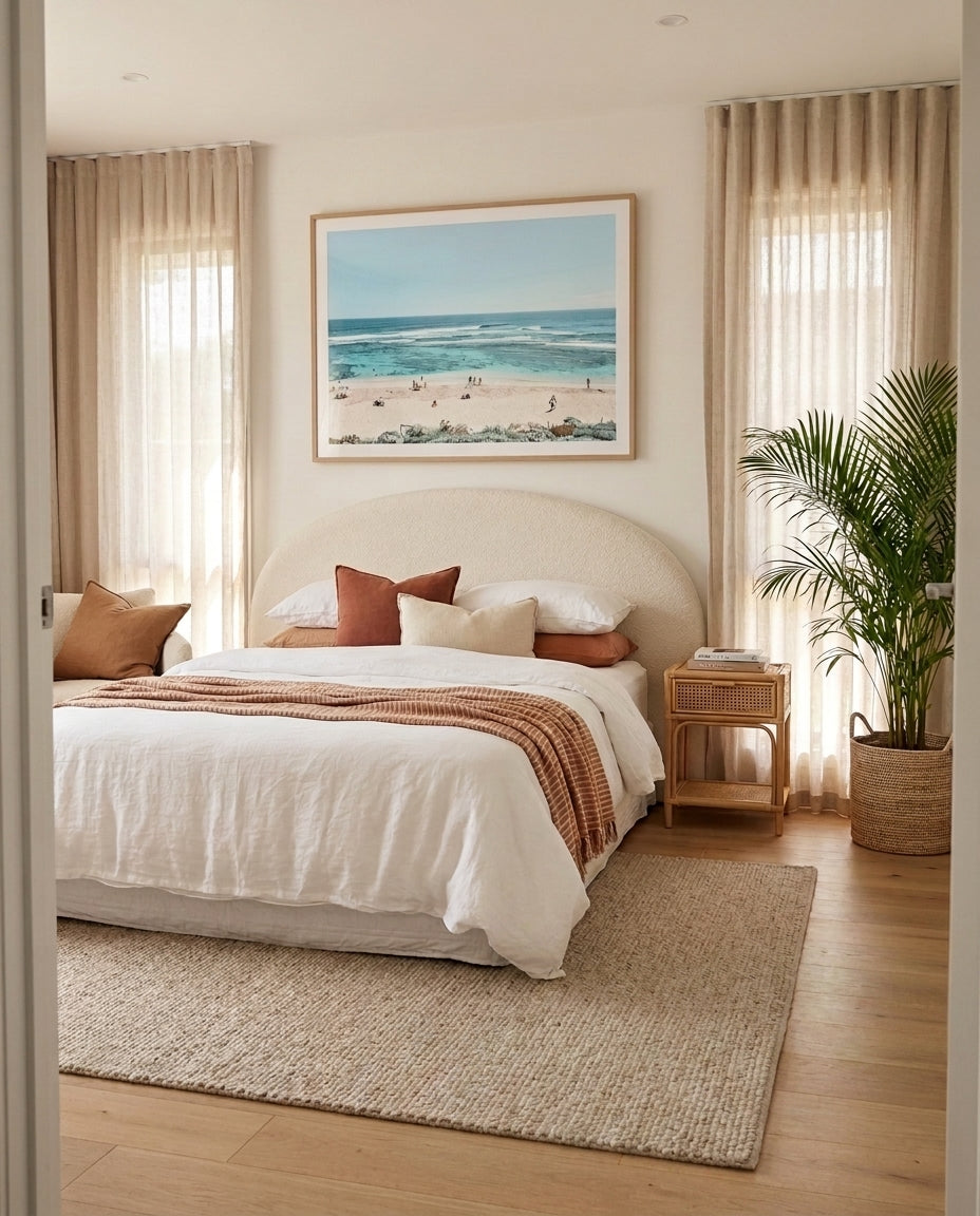 Beach Days, Yallingup framed photographic art print by Art of Flight Co styled extra large in a coastal Australian living space at Olive et Oriel