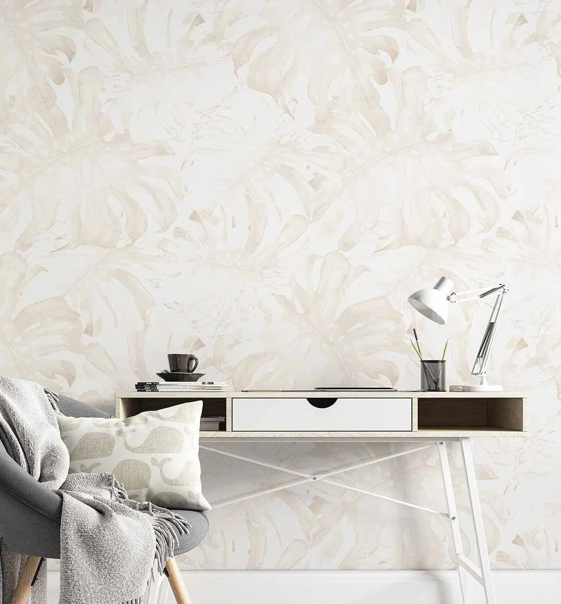 Beige Monstera Wallpaper in Beige botanical art print