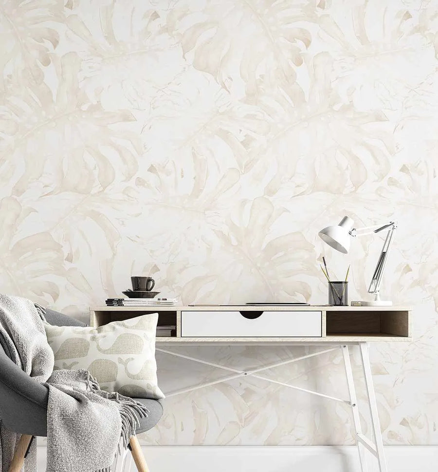 Beige Monstera Wallpaper in Beige botanical art print