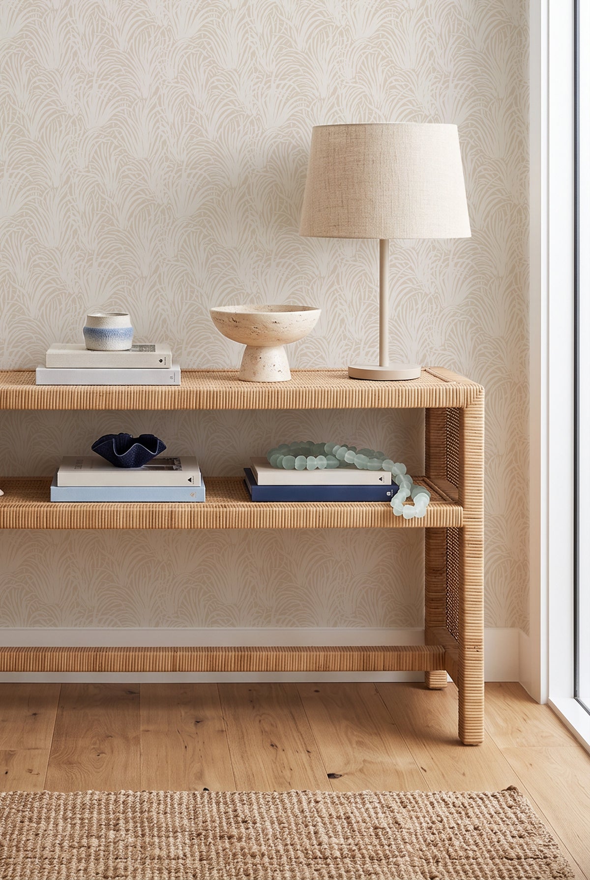 Coastal Luxe Grass in White on Beige Wallpaper