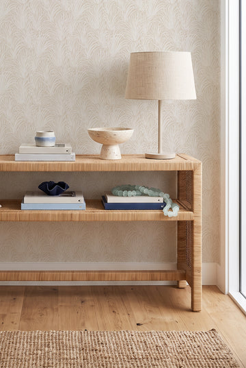 Coastal Luxe Grass in White on Beige Wallpaper