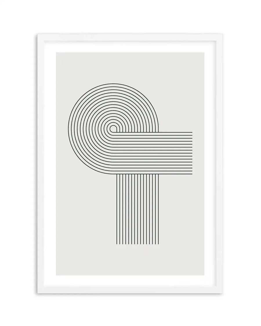 Abstract art print featuring a minimalist design of thick black lines on a light grey background, displayed in a white frame with a white border. The lines form a large semi-circle on the left, connected to a series of horizontal lines extending to the right, and a series of vertical lines extending downwards from the horizontal lines.