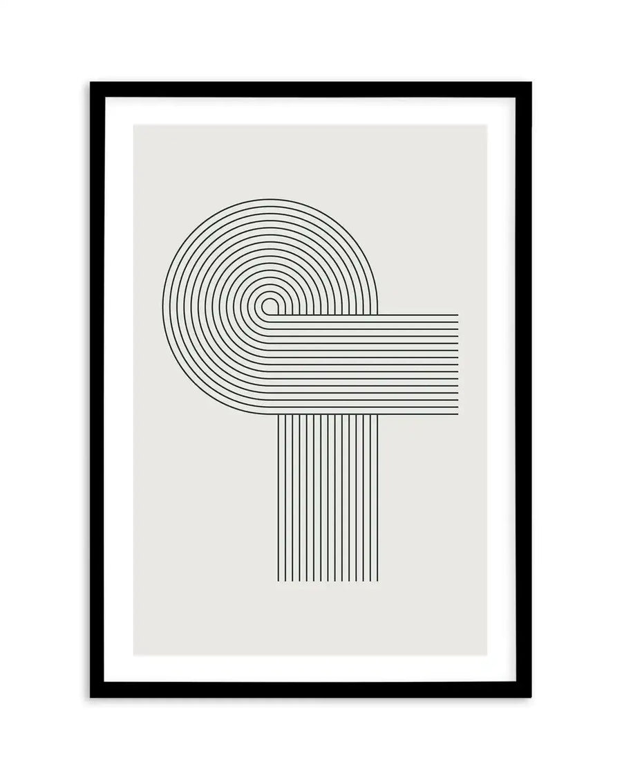Abstract art print featuring a geometric composition of parallel black lines on a light grey background, forming a large semi-circle on the left connected to horizontal lines extending to the right, and vertical lines extending downwards from the horizontal section. The print is displayed in a black frame with a white border.