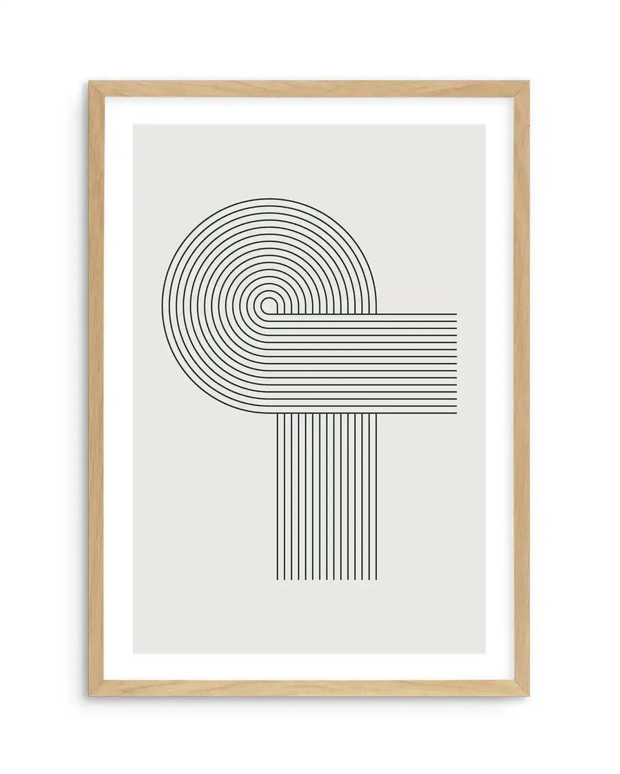 Abstract art print featuring a minimalist design of concentric black lines forming a semi-circle on the left, connected to horizontal and vertical black lines on a light grey background, displayed in a natural oak frame with white border.