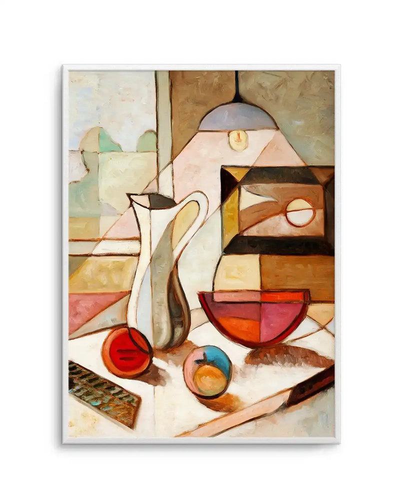 Abstract art print featuring a still life composition in a Cubist style, rendered with visible oil paint brushstrokes. The artwork depicts a white pitcher, a red apple, a blue and orange sphere, and a multi-coloured bowl on a light-coloured surface, under a hanging lamp. The background is composed of geometric shapes in shades of brown, beige, and light green, with strong black outlines defining the forms. The colours are muted and earthy, including terracotta, pale pink, cream, and grey.