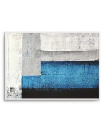 Abstract art print featuring horizontal color blocks in a weathered, textured style. Left side shows a white vertical stripe with distressed surface details. Center and right portions display layered horizontal bands in cream, gray, bright turquoise blue, and deep black, creating a minimalist composition with an aged, industrial aesthetic. The artwork is mounted in a silver-toned frame with white border.
