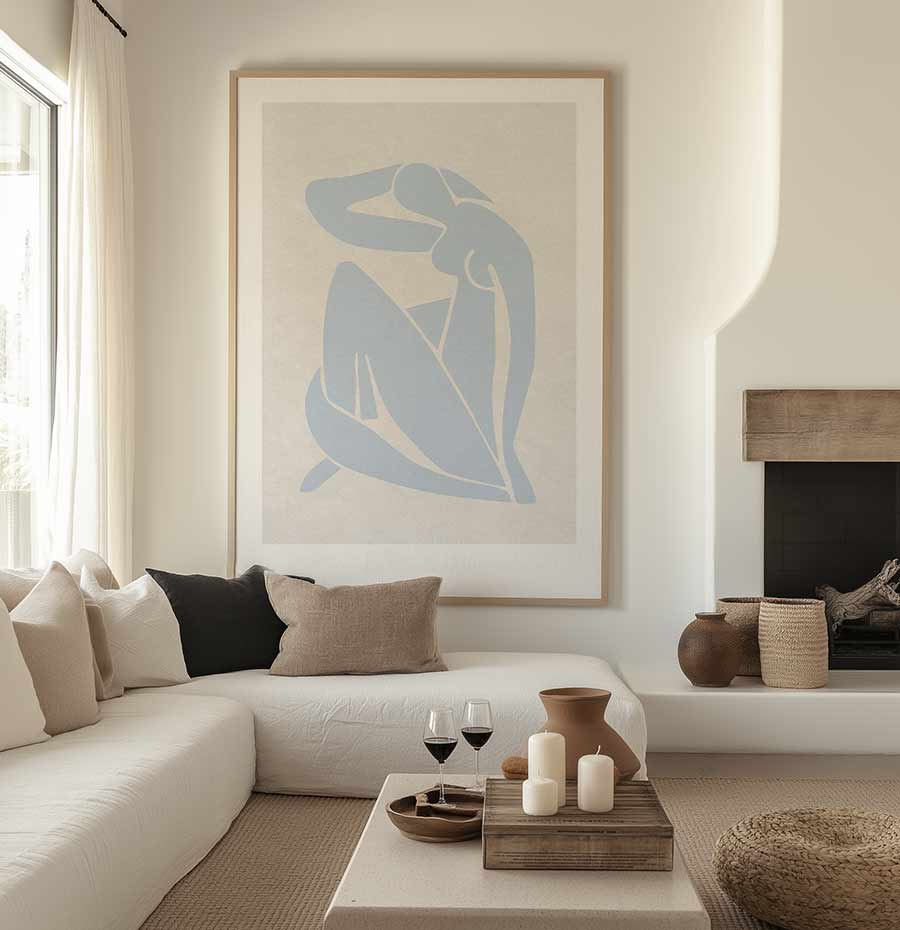 Blue modern abstract art prints featuring graphic female shapes and fun, youthful designs in shades from light blue to vibrant navy blue. Perfect for styling in bedrooms, living rooms, home offices, or creative spaces to add a touch of modern elegance and personality.