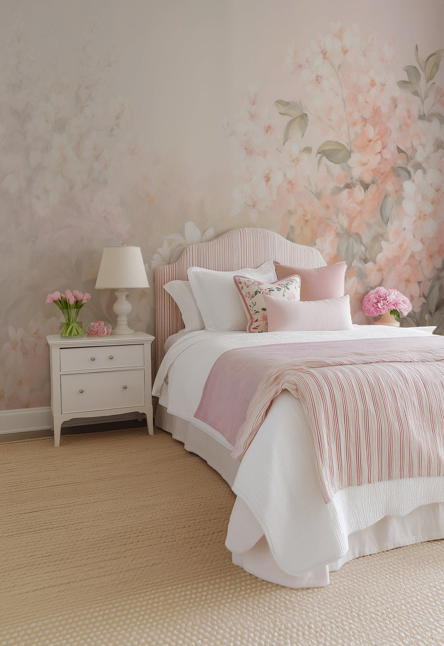 Blush Petal Florals Wallpaper Mural from Olive et Oriel where you can shop wallpaper and artworks online