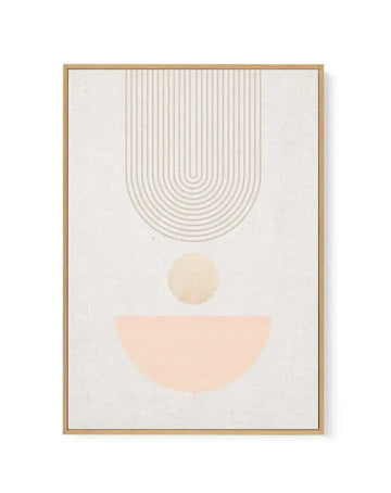 Framed canvas art print featuring minimalist abstract composition on cream background. Design includes stacked concentric curved lines in soft taupe forming an arch at top, a pale beige circle in center, and a soft peachy-pink semicircle at bottom. Natural wood frame with thin border visible around edges. Subtle texture throughout gives matte, linen-like finish to the canvas.
