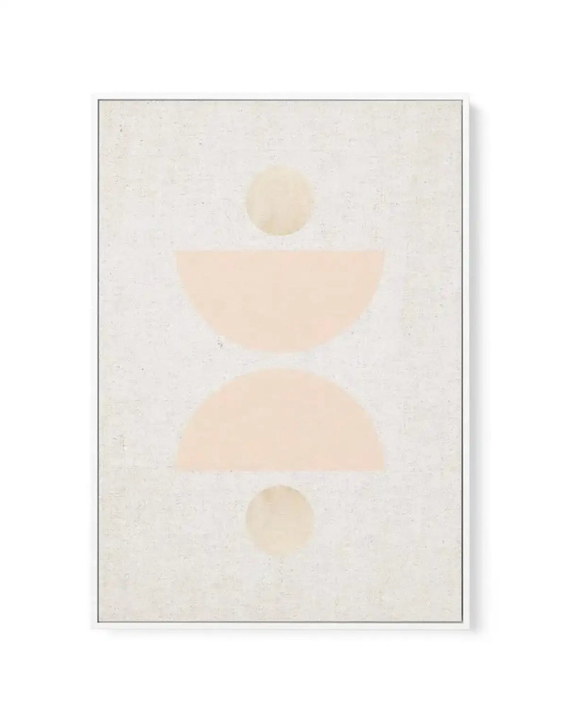 Bohemian Abstract II framed canvas art print featuring a minimalist composition with three soft, organic shapes in muted beige and cream tones on a textured off-white background. A small circle appears at the top, a larger curved semicircle in the middle, and another small circle at the bottom, creating a vertical, figure-like arrangement. The canvas is mounted in a thin gray frame with white border.