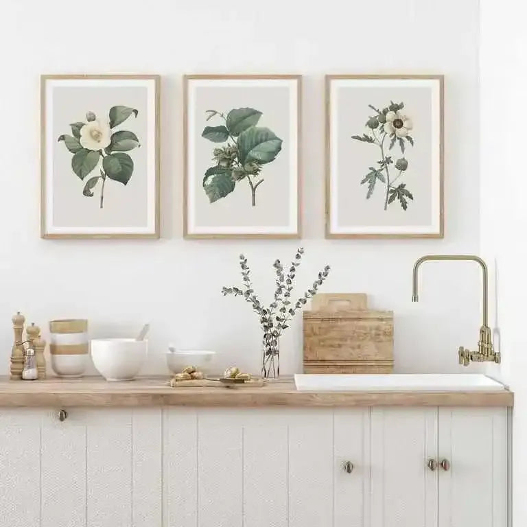 Three framed botanical art prints displayed above a kitchen counter with a white sink and brass faucet. The prints feature detailed illustrations of plants with green leaves and light-coloured flowers or seed pods on a light grey background, each in a natural wood frame with a white border. The counter is light wood, and the cabinets below are white with a textured vertical panel design.