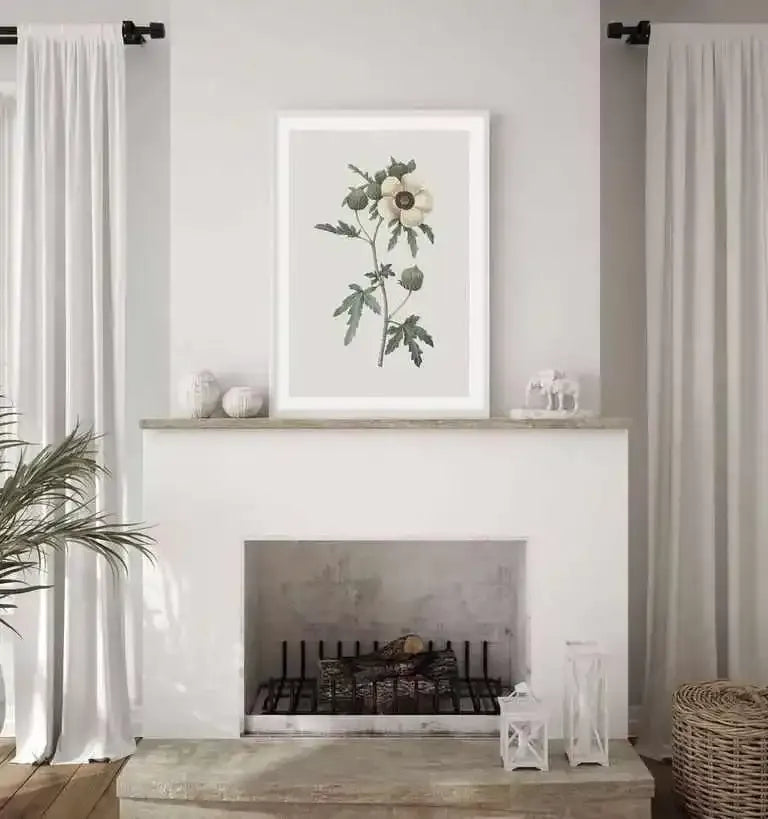 Large framed art print displayed above a white fireplace in a bright living room. The print features a botanical illustration of a white anemone flower with a dark brown center, surrounded by green leaves and closed flower buds, against a light grey background, with a white frame and white border. White curtains frame the fireplace, and a potted plant is visible on the left.