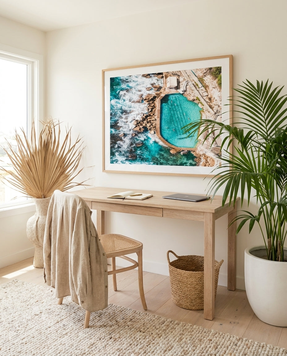 Bronte Pool From the Skies framed photographic art print by Art of Flight Co styled extra large in a coastal Australian living space at Olive et Oriel