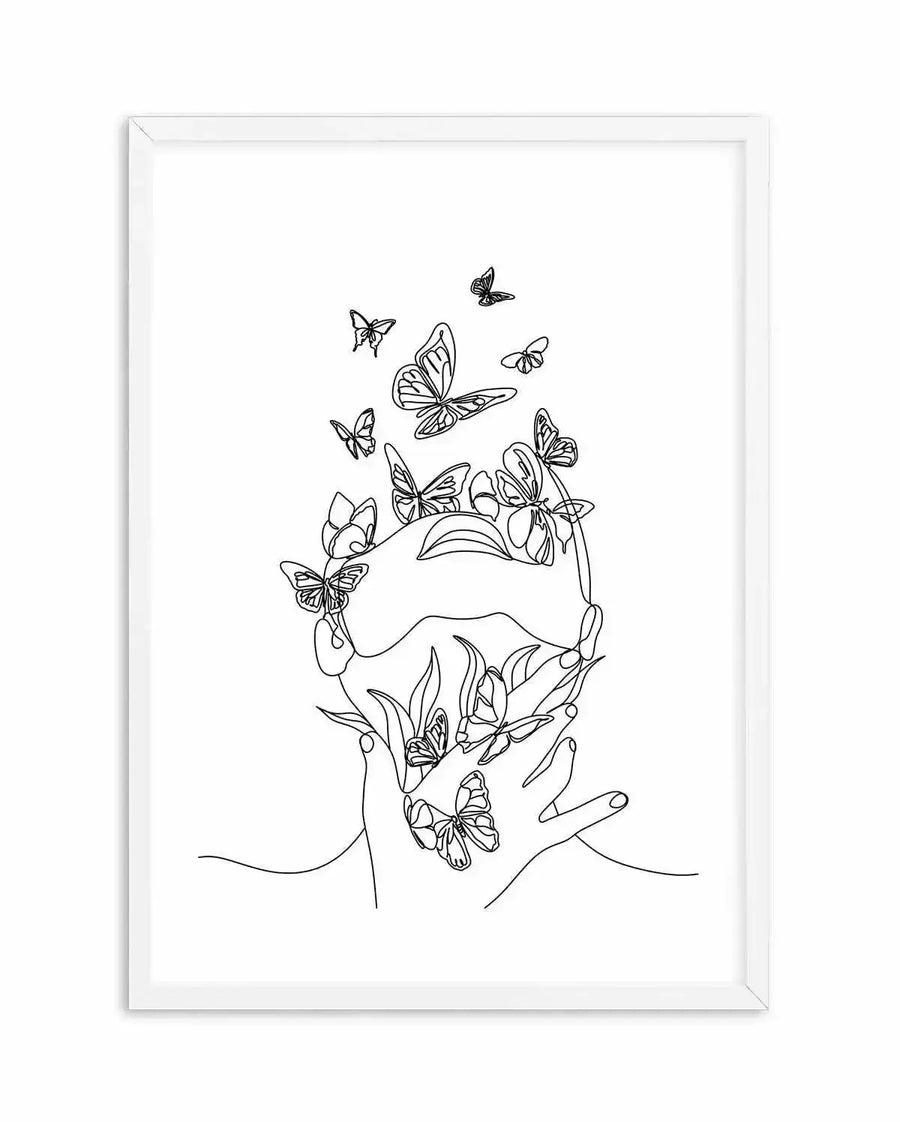 Line art print featuring a continuous line drawing of a person's face and hands, with numerous butterflies emerging from and around them, displayed in a white frame with a white border. The artwork is rendered in black lines on a white background, depicting the person's face partially obscured by hands, with butterflies of various sizes and wing patterns fluttering upwards and resting on the hands and face.