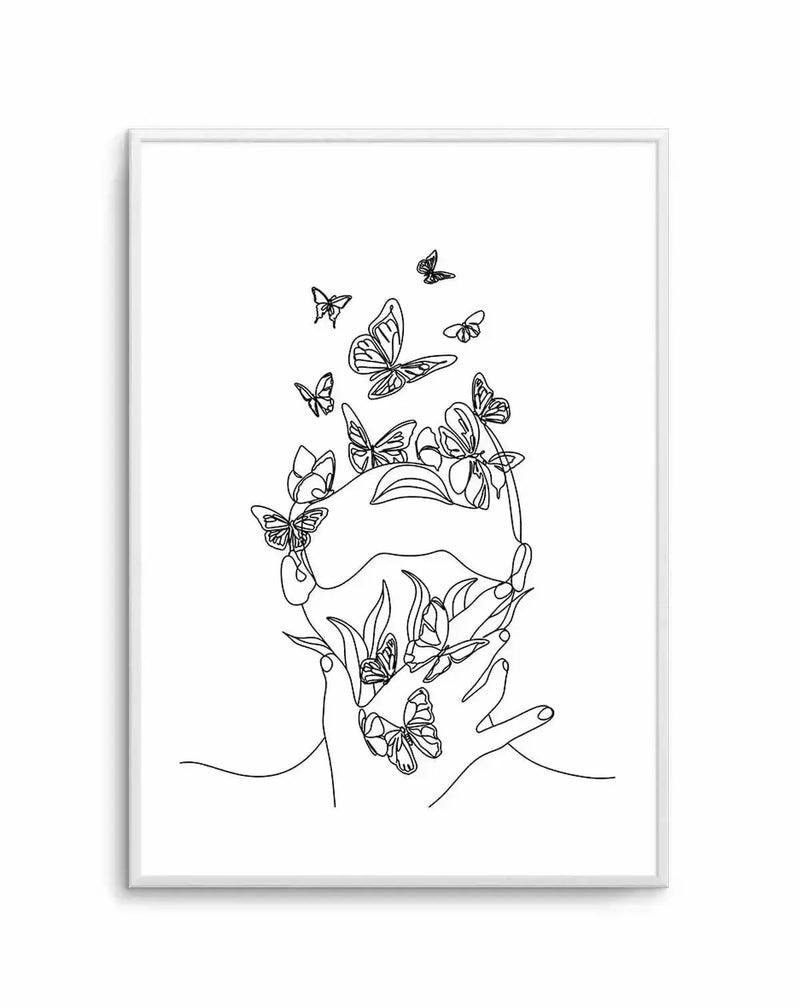 Line art print featuring a continuous line drawing of a person's face and hands, with numerous butterflies emerging from and surrounding them. The artwork is black on a white background, with the butterflies varying in size and detail, some appearing to fly upwards from the head, and others resting on the hands and around the face. The print is displayed in a white frame with a white border.