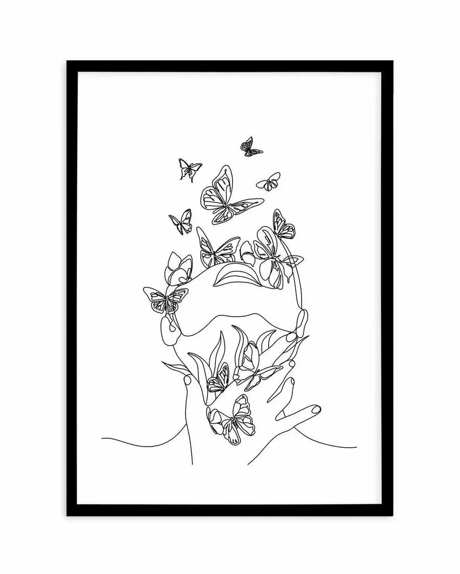 Line art print featuring a continuous single line drawing of a person's face and hands, with numerous butterflies emerging from and surrounding their head and hands, displayed in a black frame with white border. The minimalist illustration is rendered in black lines on a white background, creating a sense of lightness and transformation.