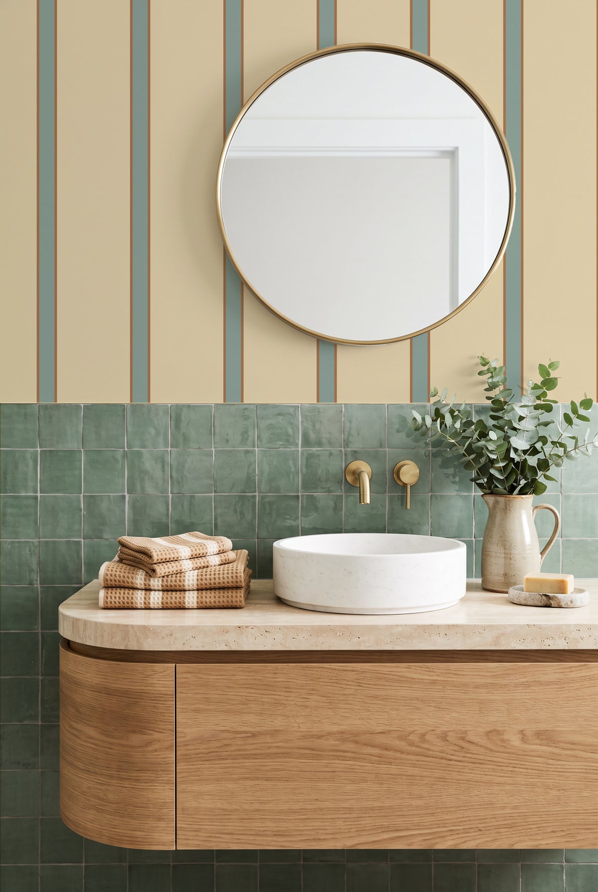 Eucalyptus Green and Tan Cabana Stripe wallpaper above green bathroom tiles