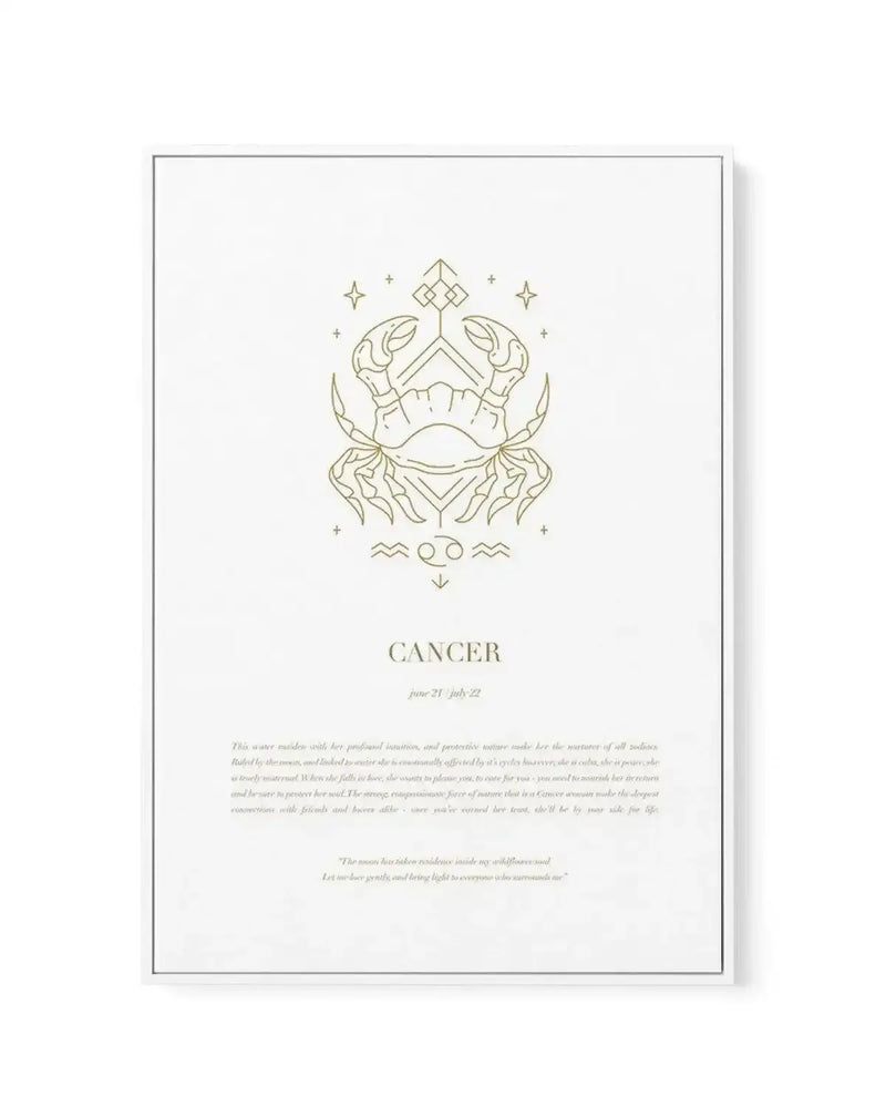 Framed canvas art print featuring the Cancer zodiac sign in gold line illustration on cream background. The design shows a detailed crab symbol centered with celestial elements including stars, a diamond shape above, wavy lines and circles below, and decorative flourishes. Text reads "CANCER" and "june 21 - july 22" in gold serif font. Descriptive paragraph text appears at bottom in small gold italics. Gray frame with white border surrounds the artwork.