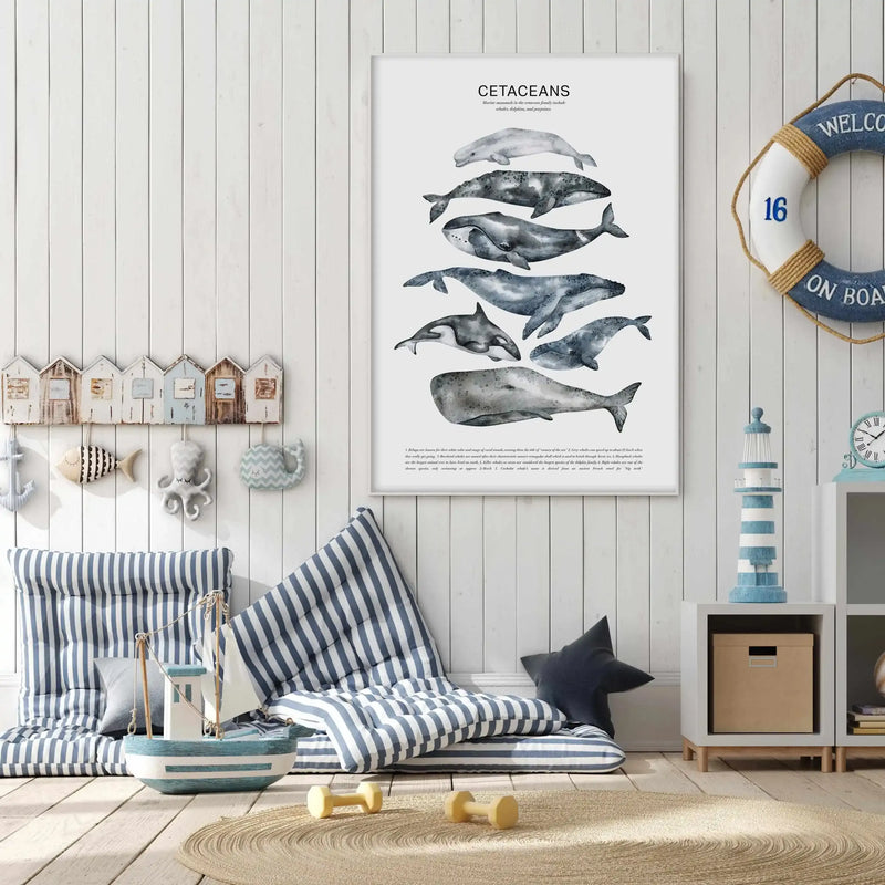 Children's Bedroom:
Large framed art print displayed on a white shiplap wall in a nautical-themed children's room. The print features a collection of cetaceans, including whales, dolphins, and porpoises, rendered in a detailed grey watercolor style against a white background. The room includes a blue and white striped floor cushion and mattress, a small wooden sailboat, a blue and white striped lighthouse decoration, and a decorative life preserver with "WELCOME ON BOARD" written on it.