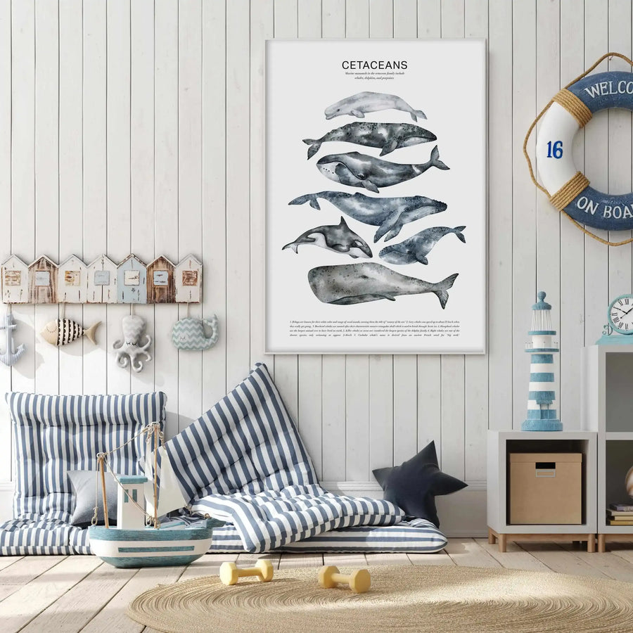 Children's Bedroom:
Large framed art print displayed on a white shiplap wall in a nautical-themed children's room. The print features a collection of cetaceans, including whales, dolphins, and porpoises, rendered in a detailed grey watercolor style against a white background. The room includes a blue and white striped floor cushion and mattress, a small wooden sailboat, a blue and white striped lighthouse decoration, and a decorative life preserver with "WELCOME ON BOARD" written on it.