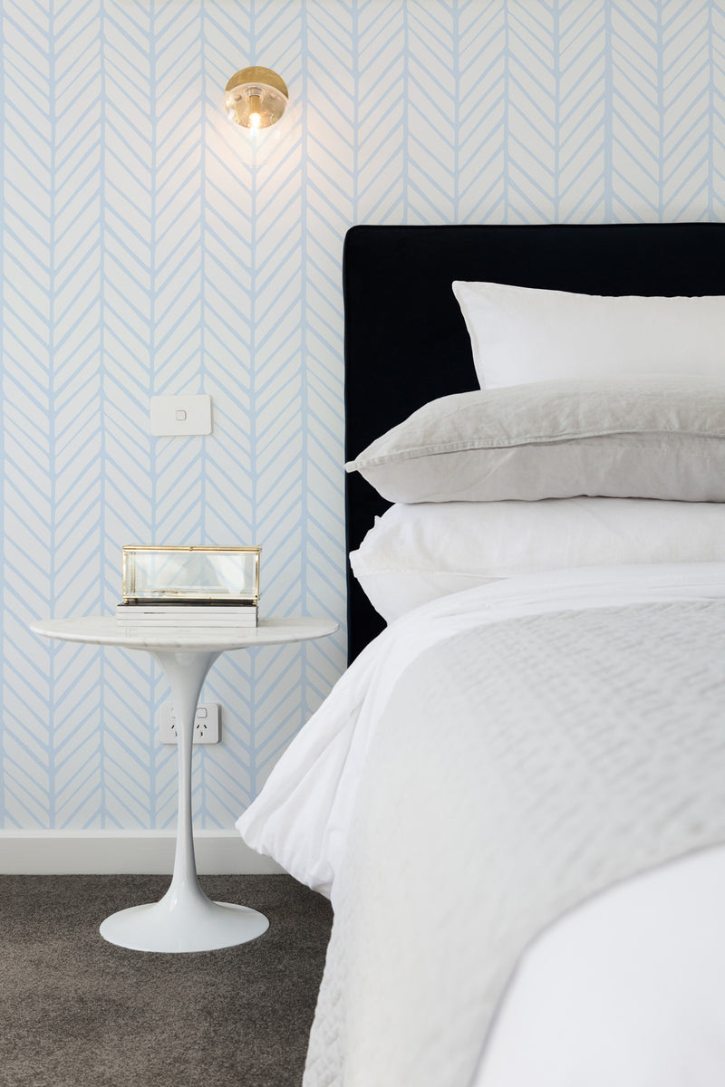 Chevron in Light Blue Wallpaper from Olive et Oriel where you can shop wallpaper and artworks online