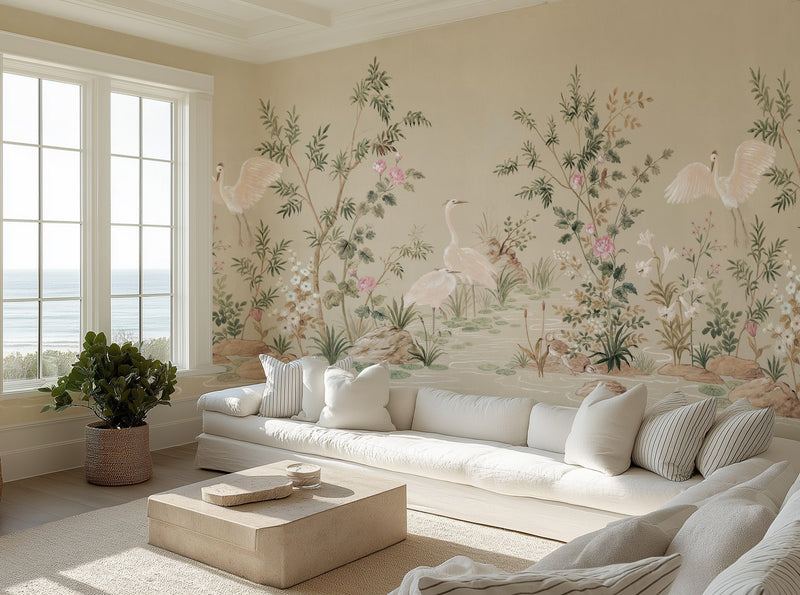 Chinoiserie Garden Panoramic Painted Mural in Sage Green Wallpaper from Olive et Oriel where you can shop wallpaper and artworks online