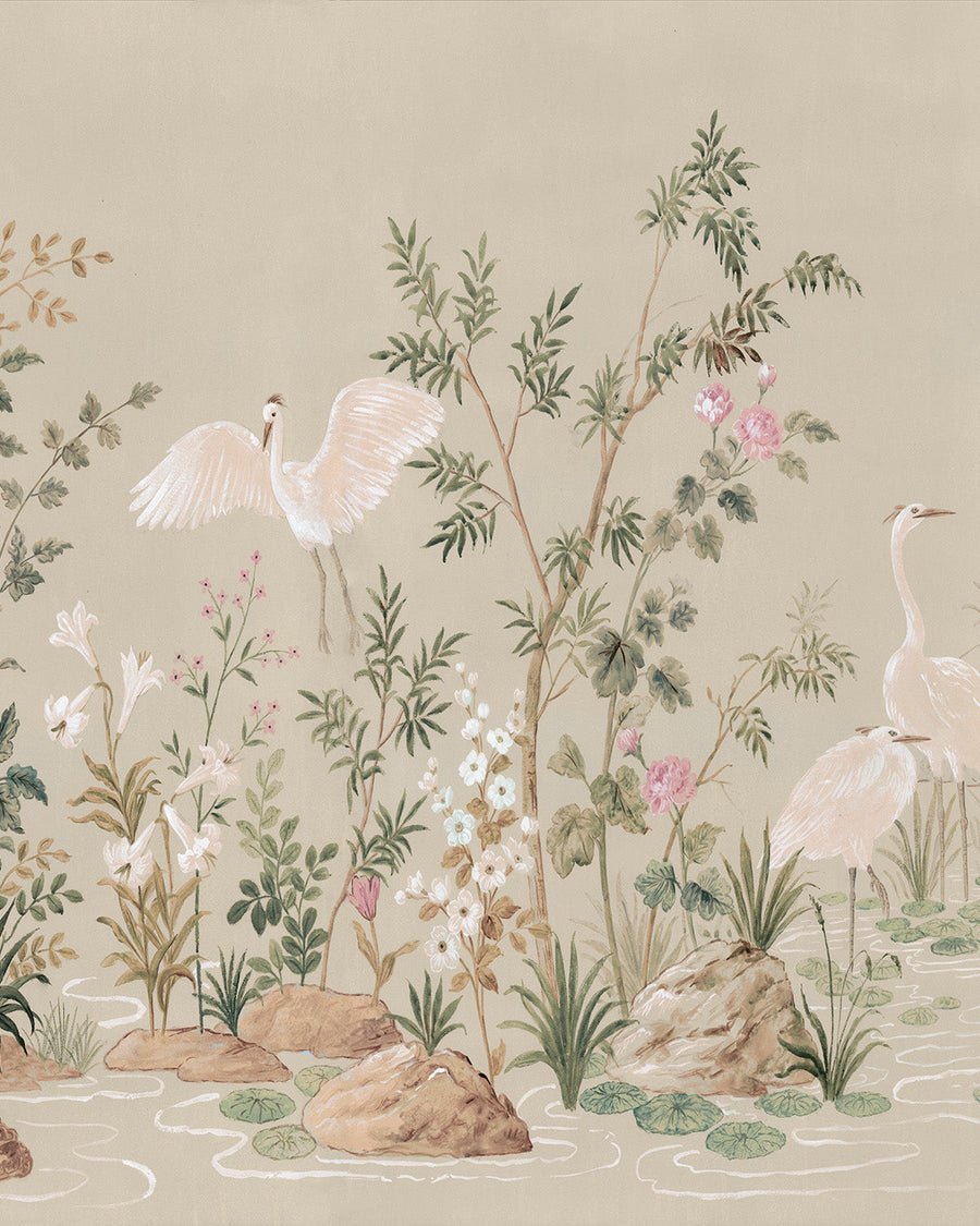 Chinoiserie Garden Panoramic Painted Mural in Sage Green Wallpaper from Olive et Oriel where you can shop wallpaper and artworks online