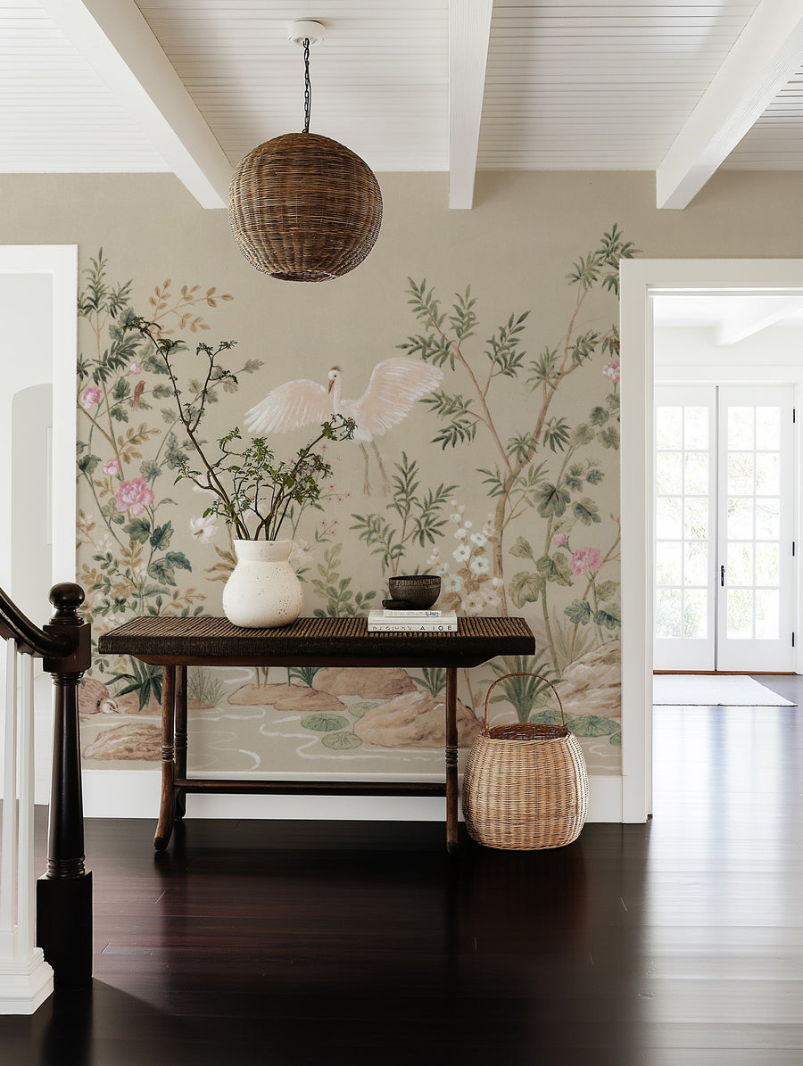 Chinoiserie Garden Panoramic Painted Mural in Sage Green Wallpaper from Olive et Oriel where you can shop wallpaper and artworks online