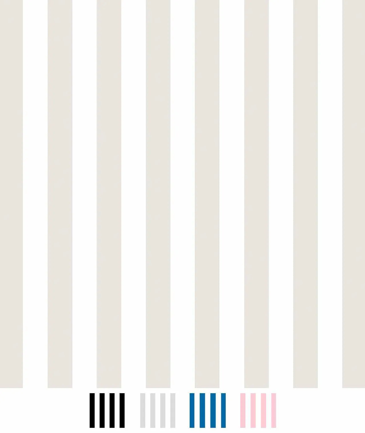 Peel and stick wallpaper featuring a repeating pattern of vertical stripes in alternating soft cream and white. The bottom of the image shows four colour options for the stripes: black, light grey, teal blue, and light pink.