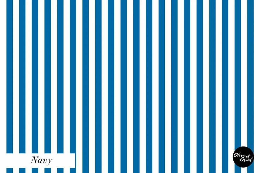 Peel and stick wallpaper featuring a repeating pattern of classic vertical stripes in a rich navy blue and bright white. The stripes are of equal width and run consistently from top to bottom.
