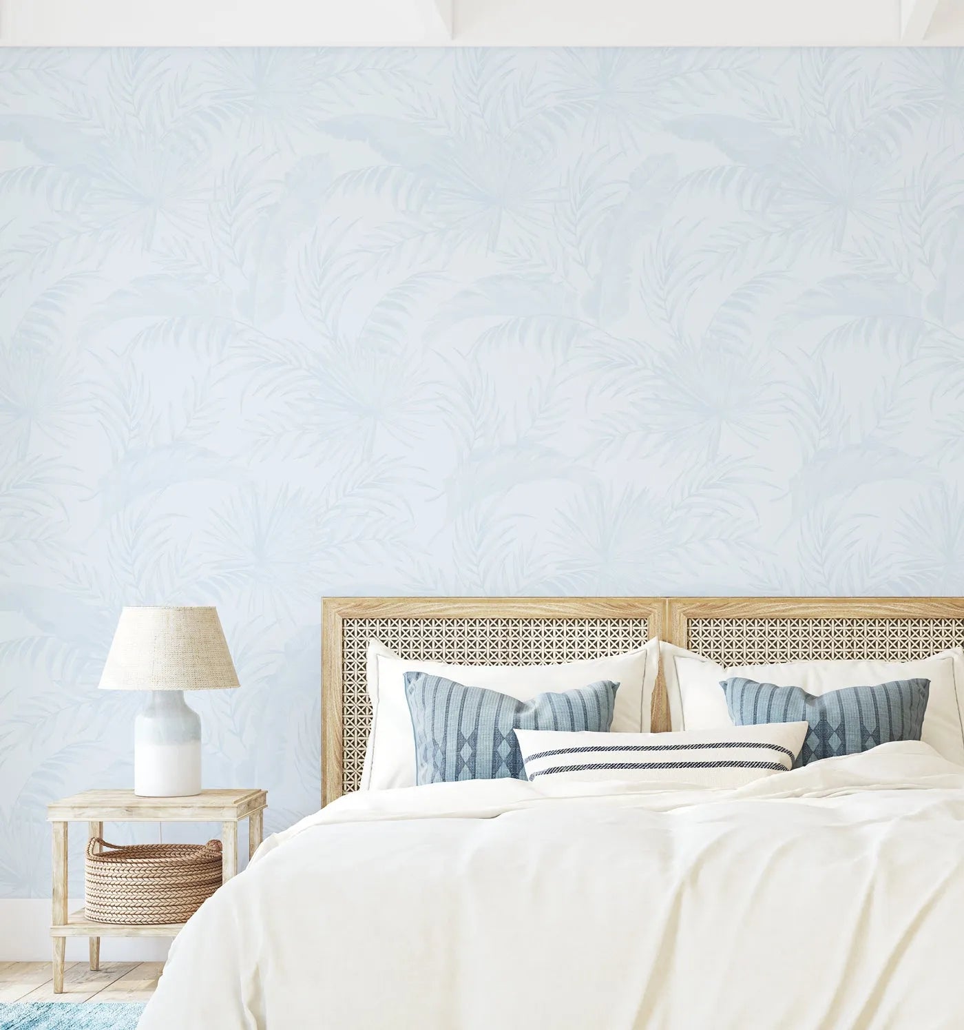 Coastal Luxe Palms Wallpaper | Duck Egg Blue from Olive et Oriel where you can shop wallpaper and artworks online